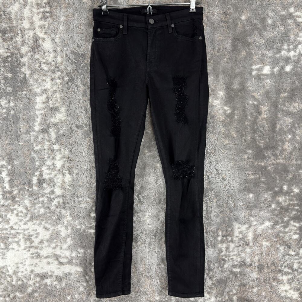 7 For All Mankind Size 27 Distressed Stretch Jeans Black Pants Button Zip Cotton